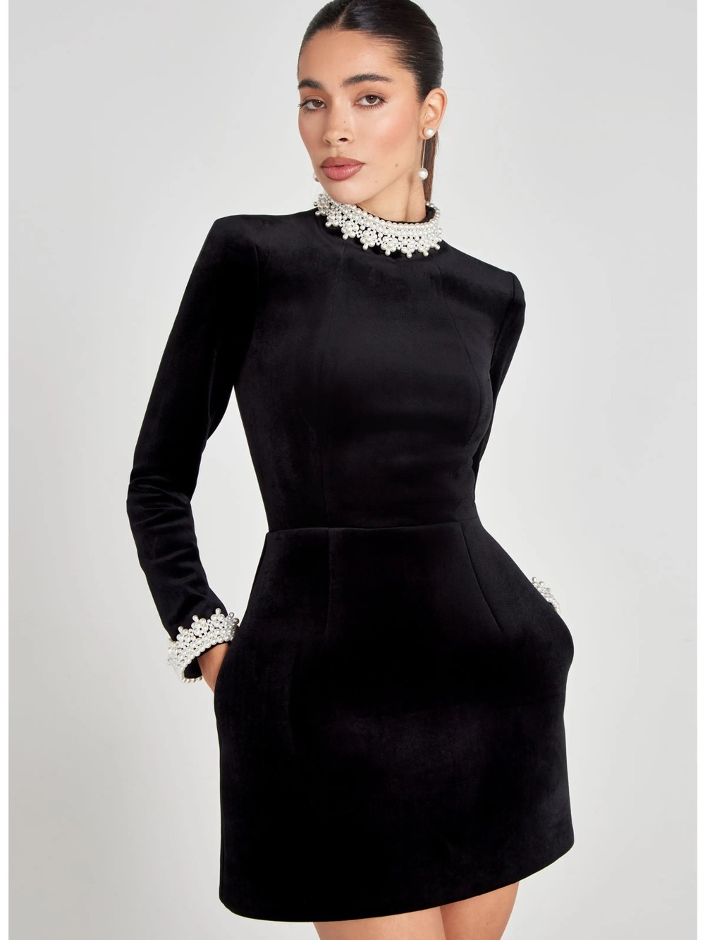 NADINE MERABI Black Velvet Mini Dress with Pearl Collar & Cuffs